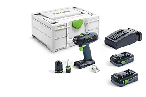 Festool Akku-Bohrschrauber T 18+3 HPC 4,0 I-Plus (mit Akkupacks BP 18 Li 4,0, Schnellladegerät, Werkzeugfutter, Magnet-Bithalter, Schnellspannbohrfutter, Bit, Gürtelclip), im Systainer von Festool