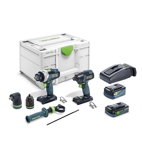 Festool – Schrauber- & Bohrer-Set TID 18 5,0/4,0-Set TPC 18/4 inkl. TID 18 + TPC 18/4 + Akkupacks + Schnellladegerät + Schnellspannbohrfutter + Winkelvorsatz + Zusatzhandgriff + Gürtelclip + Systainer von Festool