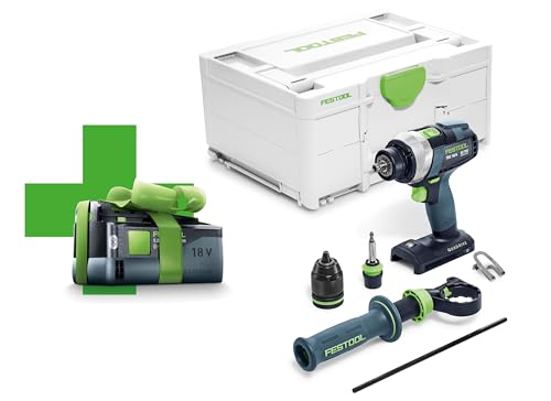 Festool Akku-Bohrschrauber TDC 18/4 I-Basic-5,2 QUADRIVE (mit Akkupack BP 18 Li 5,2, Werkzeugfutter, Magnet-Bithalter, Schnellspannbohrfutter, Zusatzhandgriff, Bit, Gürtelclip), im Systainer von Festool