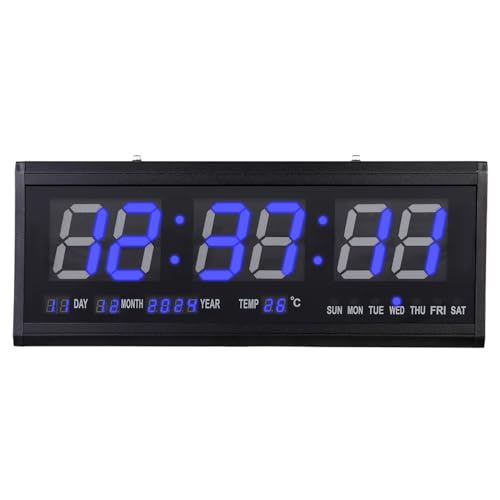 Fetcoi Digitaluhr Wanduhr Digital LED Uhr Seniorenuhr Wecker Büro Wohnzimmer LED Display mit Datumanzeige und Temperaturanzeige (Blaue Schrift) von Fetcoi