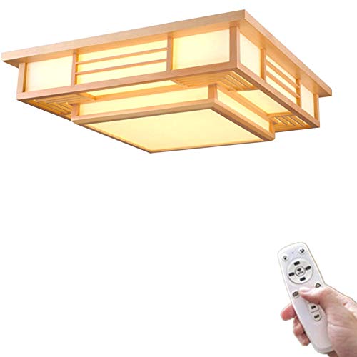 OUKANING Japanische Deckenleuchte mit Ferndedienung - Tatami Lampe Dimmbar Deckenlampe Protokolle Deckenlampen aus Holz Wohnzimmerlampe(45x45cm,Dimmbar mit Fernbedienung) von OUKANING