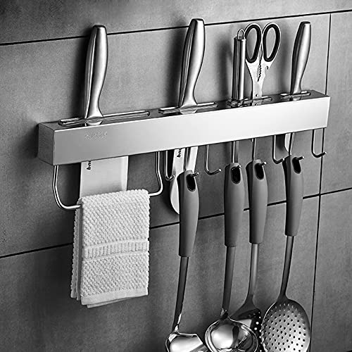 Fetcoi Küchenutensilienhalter Küchenregal Wand 60cm Hakenleiste mit 10 Haken Messerhalter Geschirrtuchhalter Küchenrelingsystem Küchenhelfer Aufbewahrung Küchendekoartikel (Silber) von Fetcoi