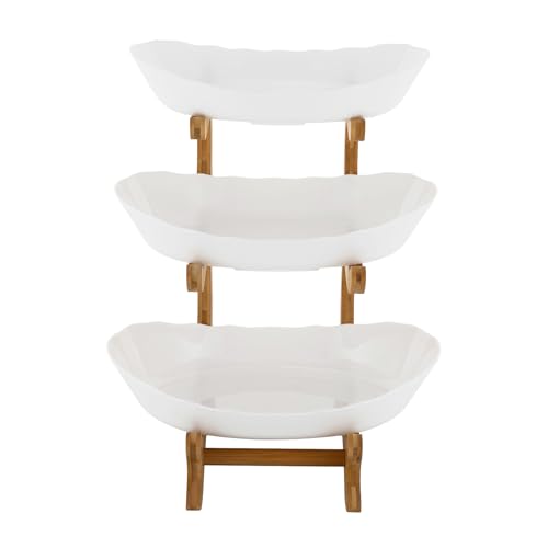 Fetcoi Kunststoff 3 Tier Obst und Snack Tray mit natürlichen Bambus-Ständer für Obst, Brot, Snacks, Obstkorb Obstkorb Gemüse (weiß) von Fetcoi