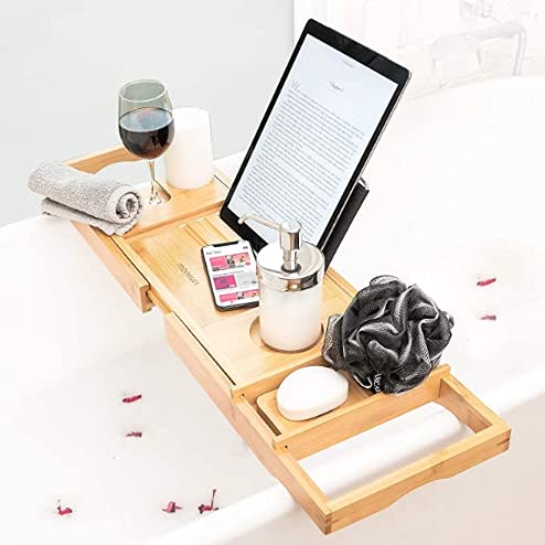 Fetcoi Verstellbare Rutschfeste Badewannenablage Bambus 75-109cm, Badewannenaufsatz Badewannenbrett Mit Seifenschale Und Tablet-Halterung von Fetcoi