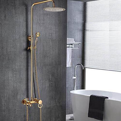 Gold Duschsystem Set, Edelstahl Handbrause Duscharmatur Duschset Wand Haengen Mit Sämtlichem Installationszu, Höhenverstellbar 80-120cm, Zwei Griffe von Fetcoi