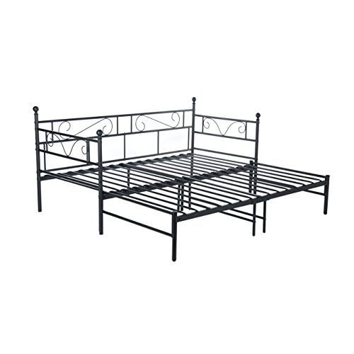 FetiNes Bettrahmen ausziehbares Bett Tagesbett Bettsofa Bettgestell, ausziehbares Doppel-Bett, als Jugendbett & Gästebett verwendbar, Funktionsbett aus Metall, Bett 2X(90x190) cm, Schwarz von FetiNes