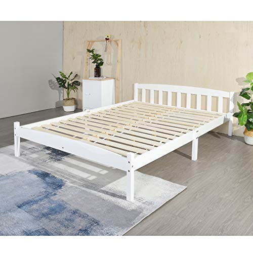 FetiNes Holzbett Massivholzbett Doppelbett Bettrahmen Bett Bettgestell mit Lattenrost und Kopfteil in Kiefer massiv Natur 140 x 190 cm, Weiß von FetiNes