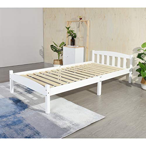 FetiNes Holzbett Massivholzbett Einzelbett Bettrahmen Bett Bettgestell mit Lattenrost und Kopfteil in Kiefer massiv Natur 90 x 190 cm, Weiß von FetiNes