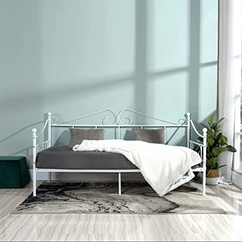 FetiNes Klassisch Tagesbett Gästebett Bettrahmen Einzelbett Metallbett Bettsofa mit Lattenrost für Schlafzimmer Wohnzimmer Garten passend für 90 * 200 cm Matratze, Weiß von FetiNes