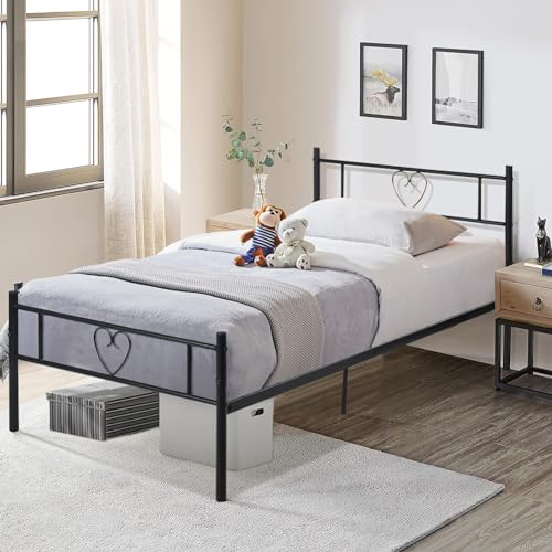 FetiNes Metallbett Einzelbett 90x200 cm Gästebett Bettrahmen mit Herzförmiges Kopfteil, Bettgestell aus Metall für Schlafzimmer, Schwarz von FetiNes