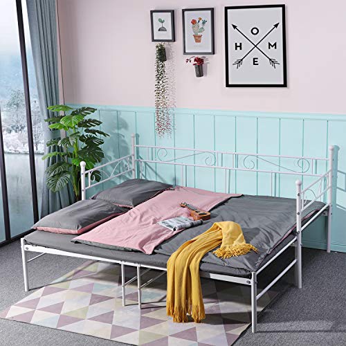 FetiNes Metallbett ausziehbares Bett Tagesbett Funktionsbett Bettsofa Bettgestell, ausziehbares Doppel-Bett, als Jugendbett & Gästebett verwendbar Bett 2X(90x190) cm, Weiß von FetiNes