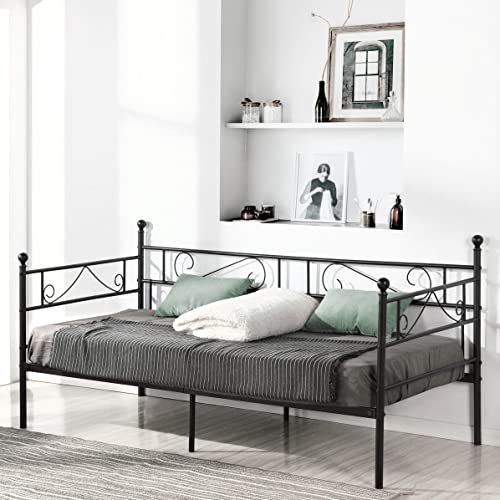 FetiNes Tagesbett Bettgestell 90x190 cm Bett, Metal Wasserdicht Familienbett Gästebett Metallbett Jugendbett Einzelbett Sofabett für Schlafzimmer Wohnzimmer passend, Schwarz von FetiNes