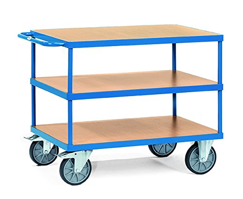 Fetra - Tischwagen 1000 x 600 mm mit 3 Lädeflächen aus Holzwerkstoffplatte - Stahlrohrkonstruktion blau pulverbeschichtet von Fetra