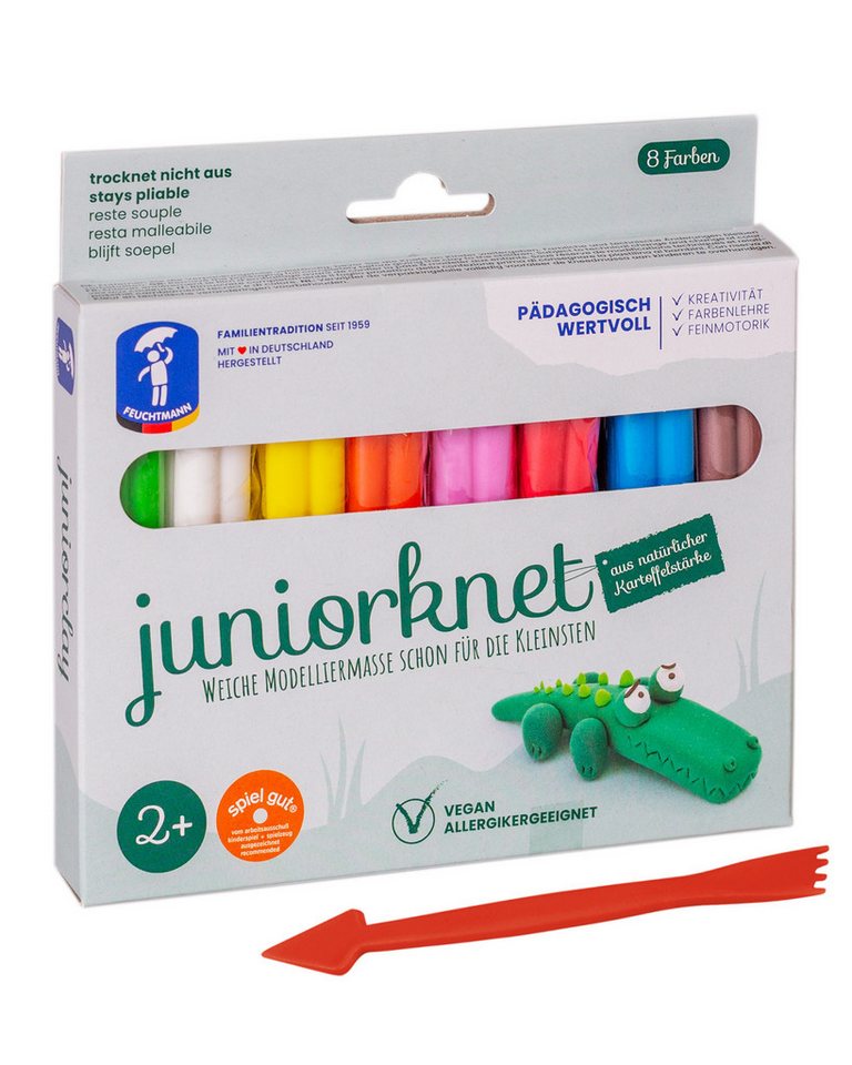 Feuchtmann Modelliermasse JUNiORKNET Basic+ (Knetset, 1-tlg., mit Modellierwerkzeug), 8 x 33g vegane und glutenfreie Kinderknete nicht trocknend von Feuchtmann