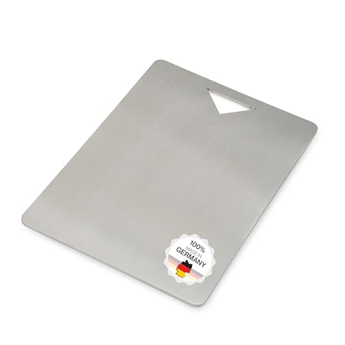 Edelstahl Schneidebrett - Für Fleisch, Fisch & Gemüse - Hygienisches Schneidbrett Metall - Stahl Brettchen Küche Plastikfrei - Küchenbrett (Mit Griff, 36x24 cm) von Feuerfest 123 GmbH