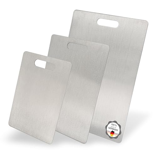 Edelstahl Schneidebrett - Für Fleisch, Fisch & Gemüse - Hygienisches Schneidbrett Metall - Stahl Brettchen Küche Plastikfrei - Küchenbrett (Mit Griff rund, 3er Set) von Feuerfest 123 GmbH