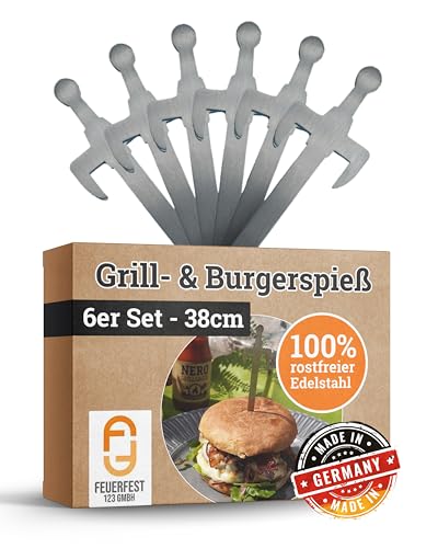 Feuerfest 123 Burger-Spieße mit "Schwert"-Motiv I 6 Stück I 16 cm I Hochwertige Grillspieße aus rostfreiem Edelstahl I Stilvolle Metallspieße für Burger, Sandwiches, Gemüse & Fingerfood von Feuerfest 123 GmbH