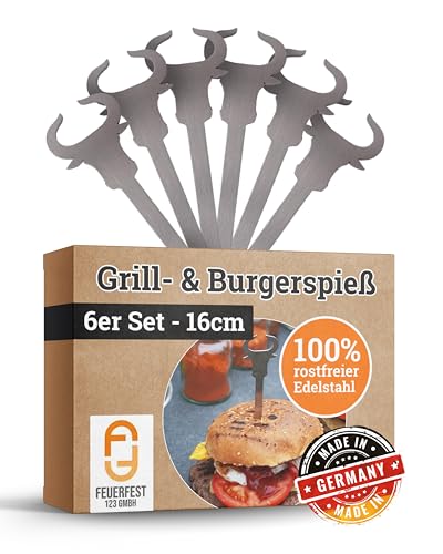 Feuerfest 123 Burger-Spieße mit "Stier"-Motiv I 6 Stück I 16 cm I Hochwertige Grillspieße aus rostfreiem Edelstahl I Stilvolle Metallspieße für Burger, Sandwiches, Gemüse & Fingerfood von Feuerfest 123 GmbH