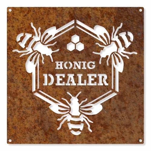 Feuerfest 123 Deko-Schild Honig Dealer I 25x25 cm I Stilvolles Gartenschild zum Aufhängen I Hochwertige Edelrost-Gartendeko aus Cortenstahl I Robustes Garten-Schild aus präziser Handarbeit von Feuerfest 123 GmbH