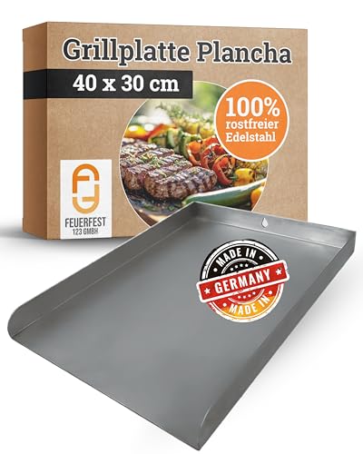 Feuerfest 123 Edelstahl-Plancha I 40x30cm I Hochwertige Grillplatte für Kohle- & Gasgrill I Massive Grill-Plancha mit 2mm Stärke I Grill-Blech aus Handarbeit I spülmaschinengeeignet & auslaufsicher von Feuerfest 123 GmbH