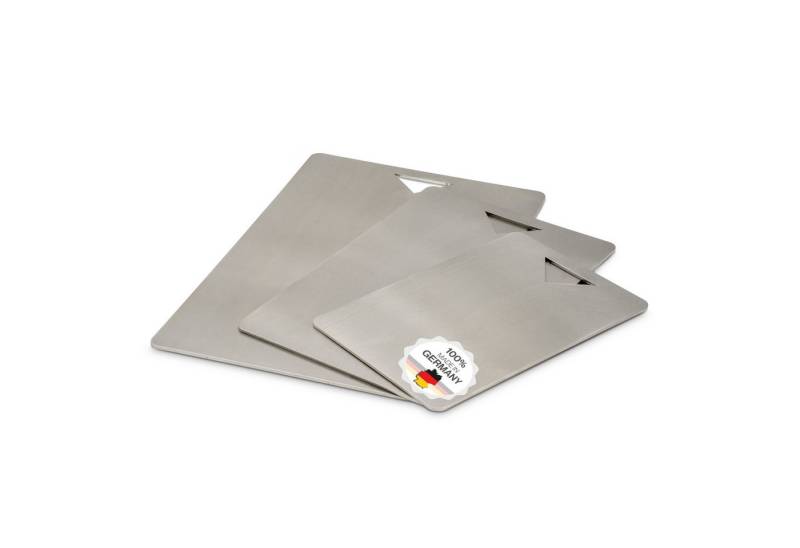 Feuerfest 123 GmbH Schneidebrett aus Edelstahl 3er Set - Hygienisch, Plastikfrei, Spülmaschinengeeignet, Ideal geeignet für Fleisch, Fisch & Gemüse, auch als Knetbrett von Feuerfest 123 GmbH