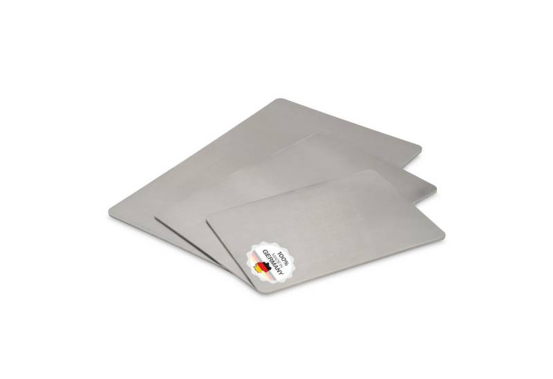 Feuerfest 123 GmbH Schneidebrett aus Edelstahl 3er Set - Hygienisch, Plastikfrei, Spülmaschinengeeignet, Ideal geeignet für Fleisch, Fisch & Gemüse, auch als Knetbrett von Feuerfest 123 GmbH