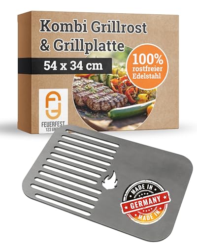 Feuerfest 123 Kombi Grillrost & Grillplatte I 54 x 34cm I Hochwertiges Grillgitter aus Stahl I Massive Grillplatte mit 4mm Stärke I Gitterrost aus Handarbeit I Ideal für Gas- & Kohlegrill von Feuerfest 123 GmbH