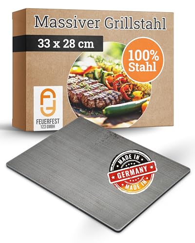 Feuerfest 123 Stahl Grillplatte I 33x28cm I Massive Stahlplatte für Kohle- & Gasgrill I Plancha-Alternative mit 8mm Stärke I Grill-Platte aus Handarbeit I Ideal als Pizzastein & Brotbackstein Feuerfest 123 Stahl Grillplatte I 33x28cm I Massive Stahlplatte für Kohle- & Gasgrill I Plancha-Alternative mit 8mm Stärke I Grill-Platte aus Handarbeit I Ideal als Pizzastein & Brotbackstein von Feuerfest 123 GmbH