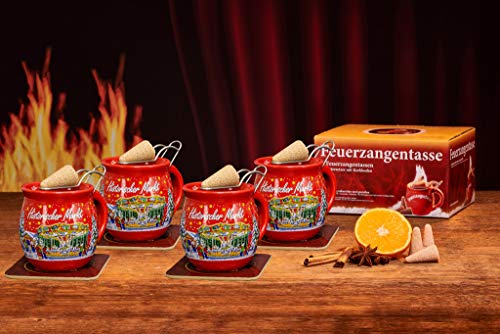 Feuerzangentasse 4er-Set, mit Rum (100ml) + ZimtZuckerHütchen (20er), Rot/Historischer Markt - für Feuerzangenbowle von Feuerzangentasse
