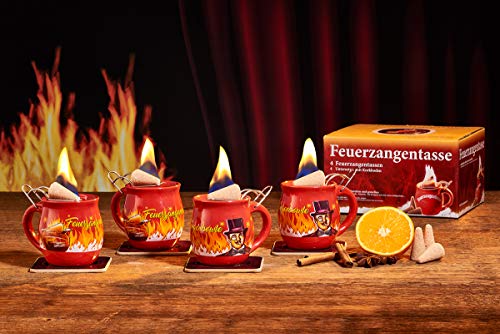Feuerzangentasse 4er-Set, mit Rum (100ml) + ZimtZuckerHütchen (20er), Rot/Rühmann - für Feuerzangenbowle von Feuerzangentasse