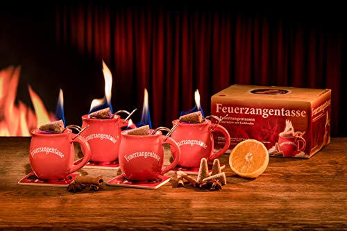 Feuerzangentasse 4er-Set, mit Rum (100ml) + ZimtZuckerHütchen (20er), Terracotta - für Feuerzangenbowle von Feuerzangentasse