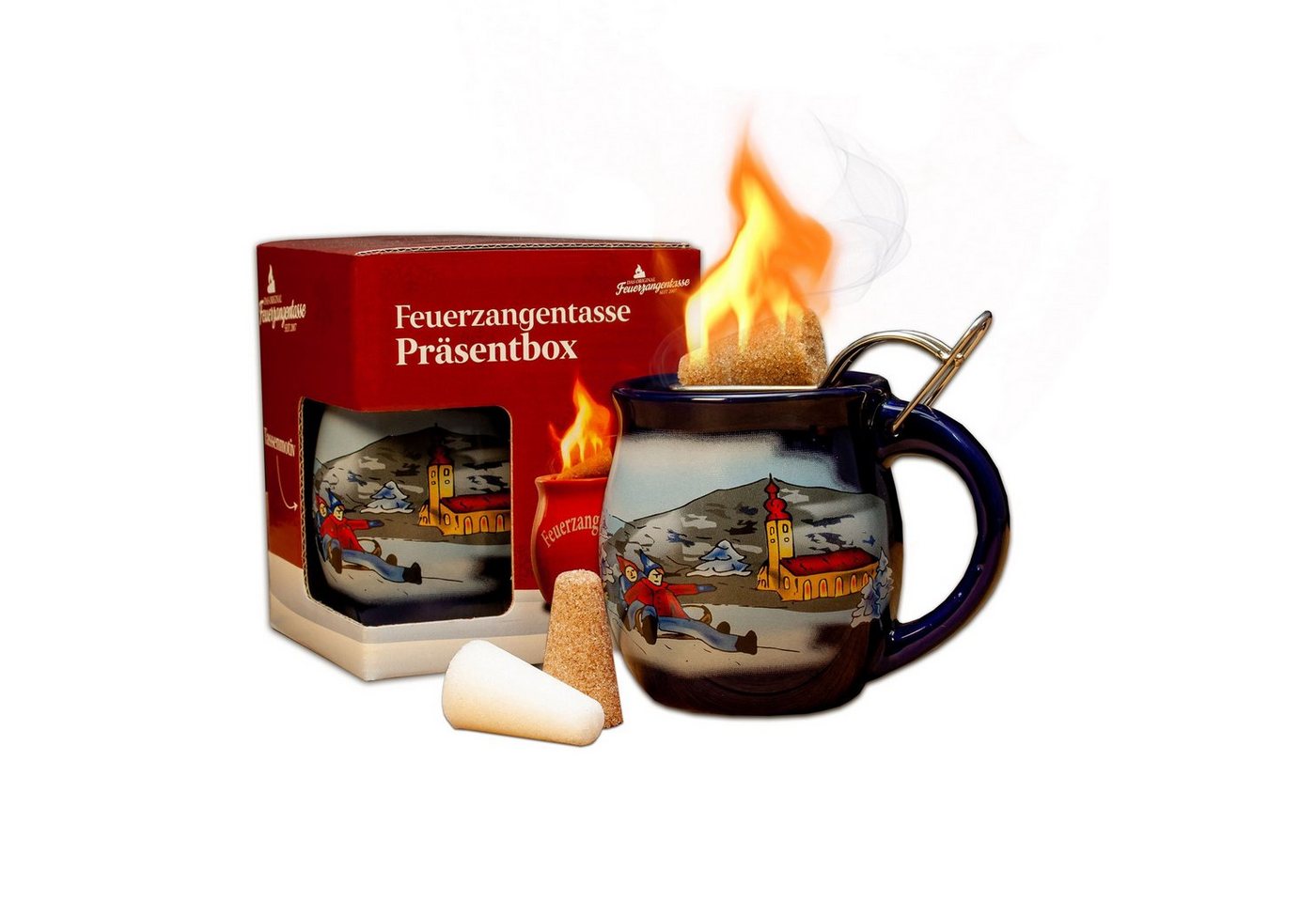 Feuerzangentasse Bowle-Set Feuerzangentasse 1er-Set (Feuerzangenbowle Set, 5-tlg., 1x Feuerzangentasse, 3x Zimtzuckerhütchen, 1x Rezeptheftchen), hitzebeständige Keramik, Edelstahl-Feuerzange von Feuerzangentasse