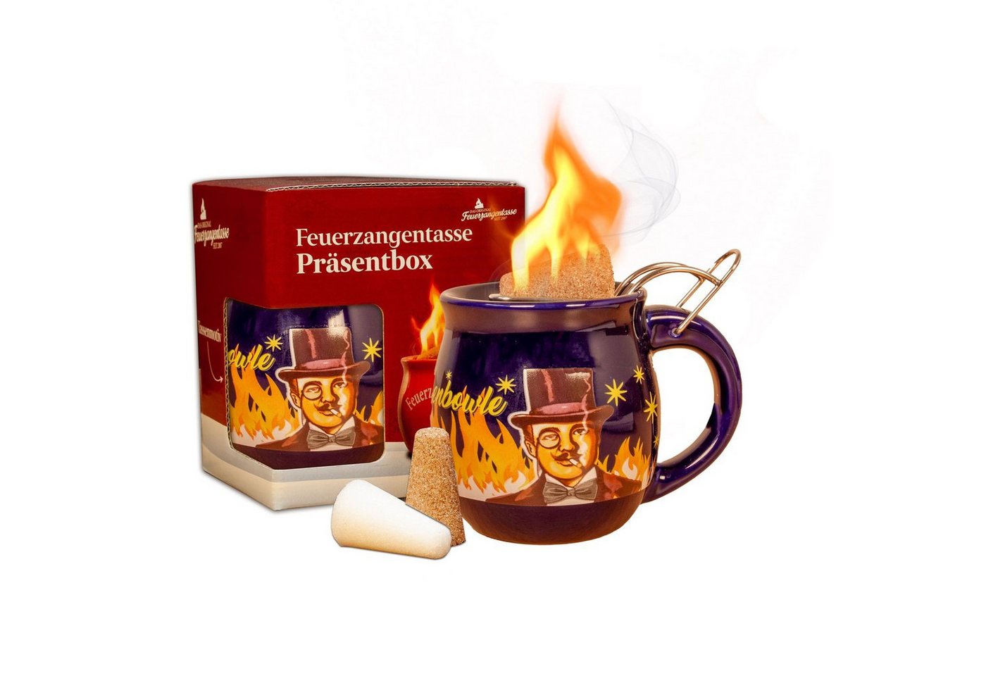 Feuerzangentasse Bowle-Set Feuerzangentasse 1er-Set (Feuerzangenbowle Set, 5-tlg., 1x Feuerzangentasse, 3x Zimtzuckerhütchen, 1x Rezeptheftchen), hitzebeständige Keramik, Edelstahl-Feuerzange von Feuerzangentasse