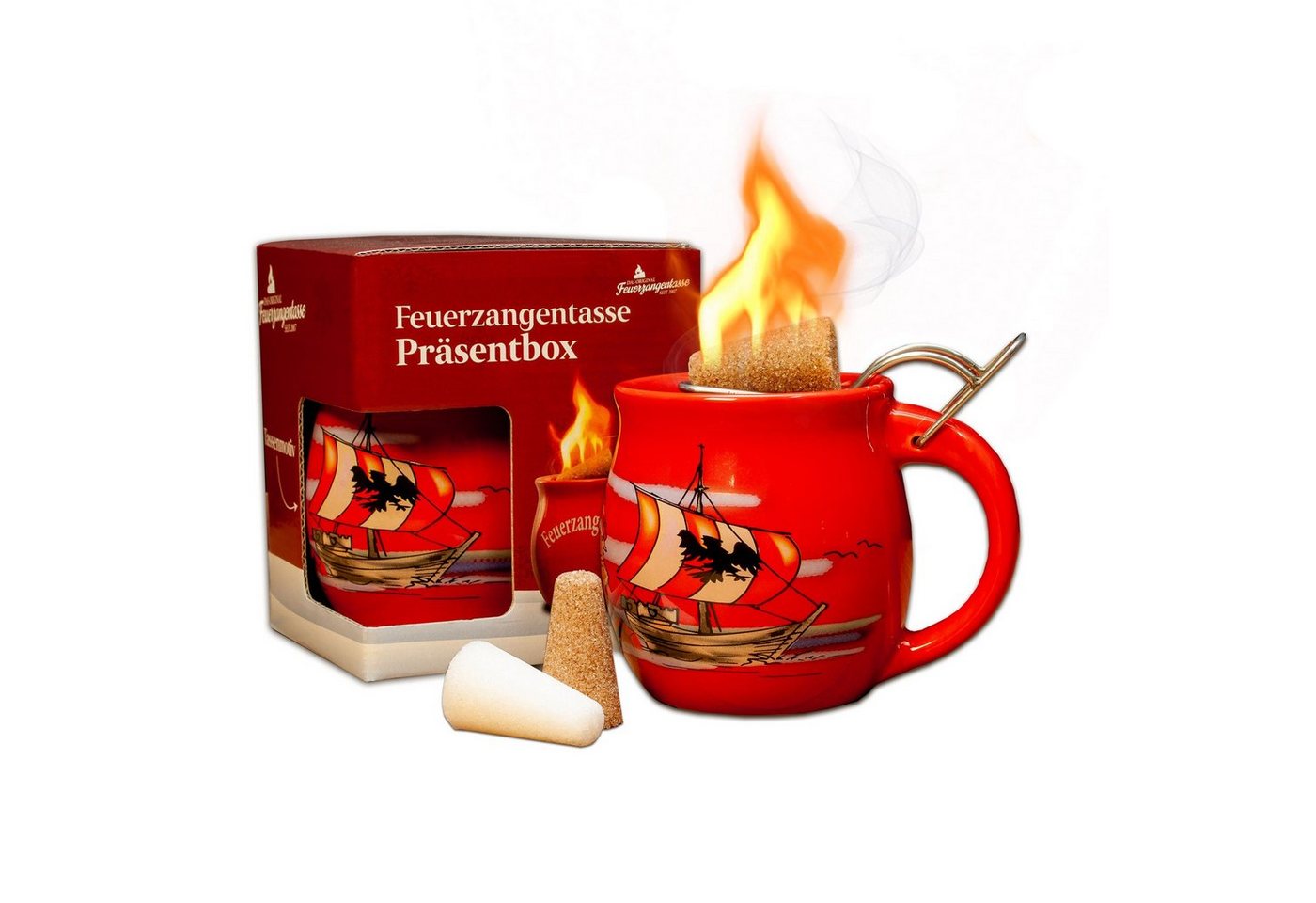 Feuerzangentasse Bowle-Set Feuerzangentasse 1er-Set (Feuerzangenbowle Set, 5-tlg., 1x Feuerzangentasse, 3x Zimtzuckerhütchen, 1x Rezeptheftchen), hitzebeständige Keramik, Edelstahl-Feuerzange von Feuerzangentasse