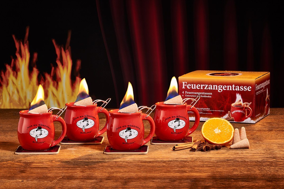 Feuerzangentasse Bowle-Set Feuerzangentasse 4er-Set (Feuerzangenbowle Set, 9-tlg., 4x Feuerzangentasse, 4x Korkuntersetzer, 1x Rezeptheftchen), hitzebeständige Keramik, Edelstahl-Feuerzange von Feuerzangentasse