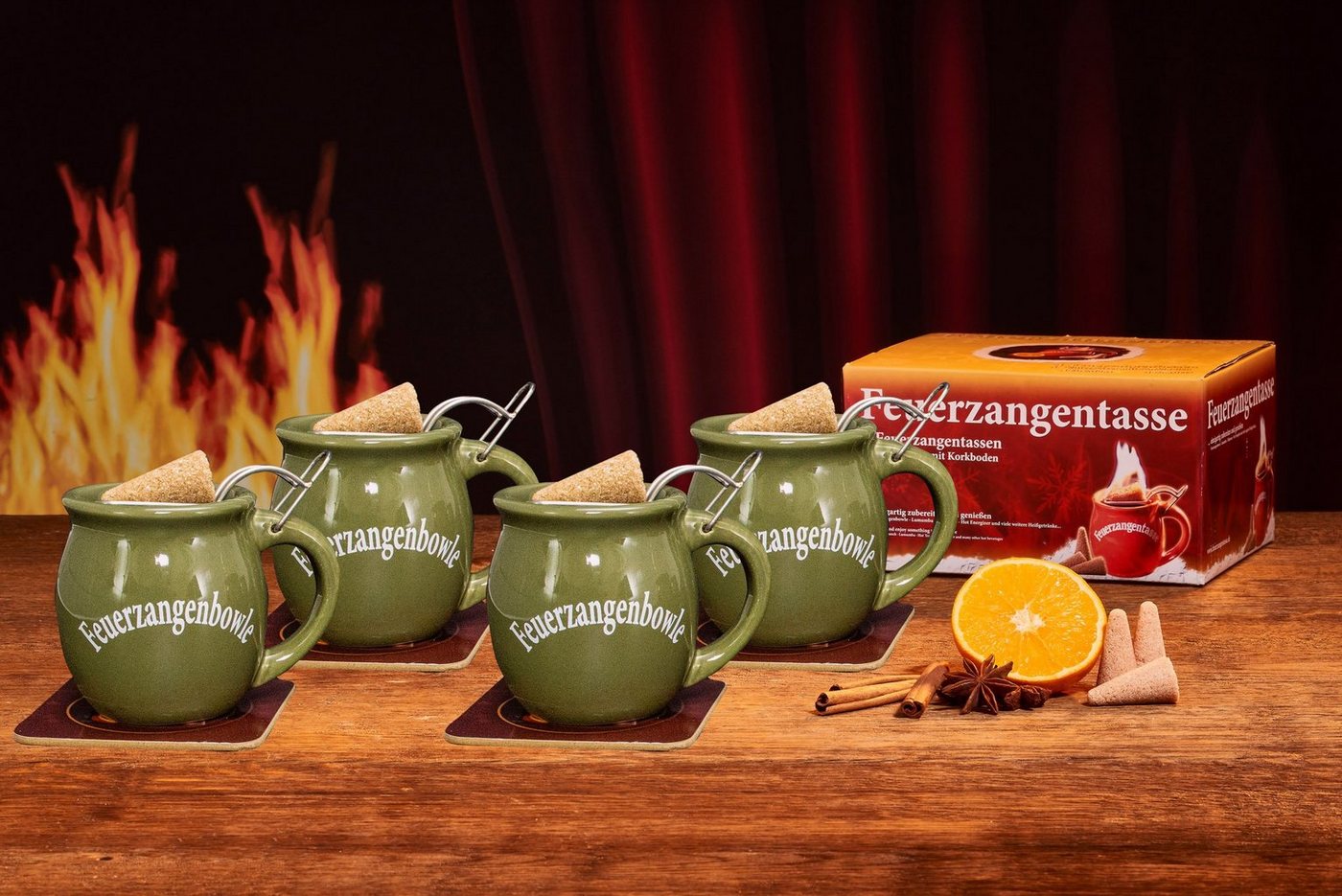 Feuerzangentasse Bowle-Set Feuerzangentasse 4er-Set (Feuerzangenbowle Set, 9-tlg., 4x Feuerzangentasse, 4x Korkuntersetzer, 1x Rezeptheftchen), hitzebeständige Keramik, Edelstahl-Feuerzange von Feuerzangentasse