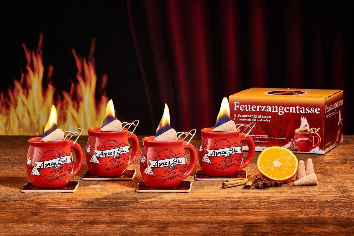 Feuerzangentasse Bowle-Set Feuerzangentasse 4er-Set (Feuerzangenbowle Set, 9-tlg., 4x Feuerzangentasse, 4x Korkuntersetzer, 1x Rezeptheftchen), hitzebeständige Keramik, Edelstahl-Feuerzange von Feuerzangentasse