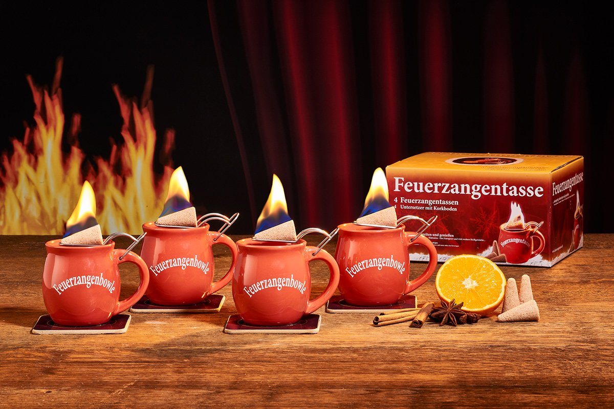 Feuerzangentasse Bowle-Set Feuerzangentasse 4er-Set (Feuerzangenbowle Set, 9-tlg., 4x Feuerzangentasse, 4x Korkuntersetzer, 1x Rezeptheftchen), hitzebeständige Keramik, Edelstahl-Feuerzange von Feuerzangentasse