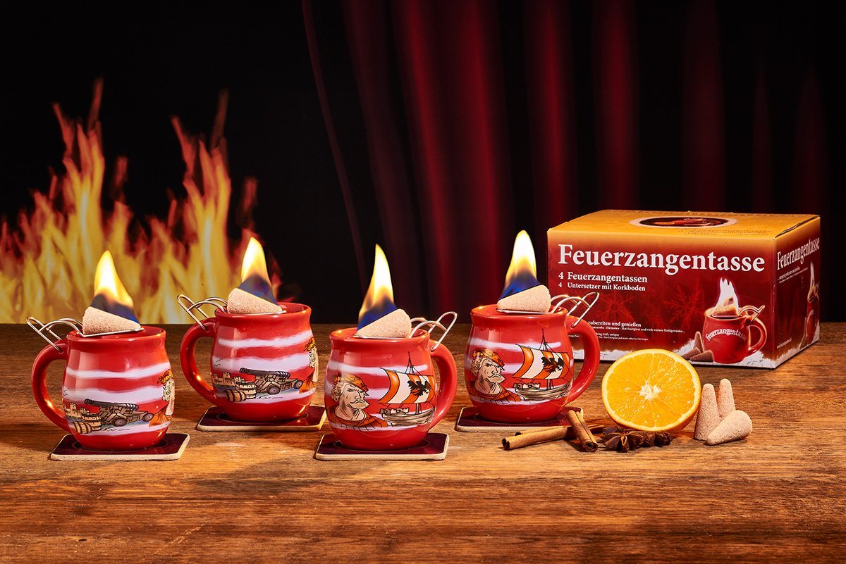 Feuerzangentasse Bowle-Set Feuerzangentasse 4er-Set (Feuerzangenbowle Set, 9-tlg., 4x Feuerzangentasse, 4x Korkuntersetzer, 1x Rezeptheftchen), hitzebeständige Keramik, Edelstahl-Feuerzange von Feuerzangentasse