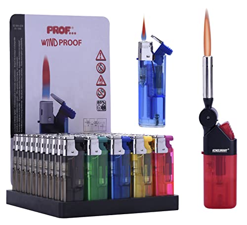 50 x = 1 Display Sturm-Feuerzeug Elektronisch Feuerzeuge Nachfüllbar+1x (Konsumany® Stab- Stumfeuerzeug 12,5 cm Lang) von Feuerzeuge