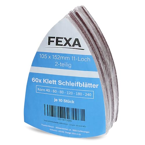 Fexa Schleifblatt Set 60 Stück - Schleifpapier für Multischleifer - Klett Schleifpapier für Deltaschleifer - 105 x 152 mm, 40-240 Körnung, 11-Loch von Fexa
