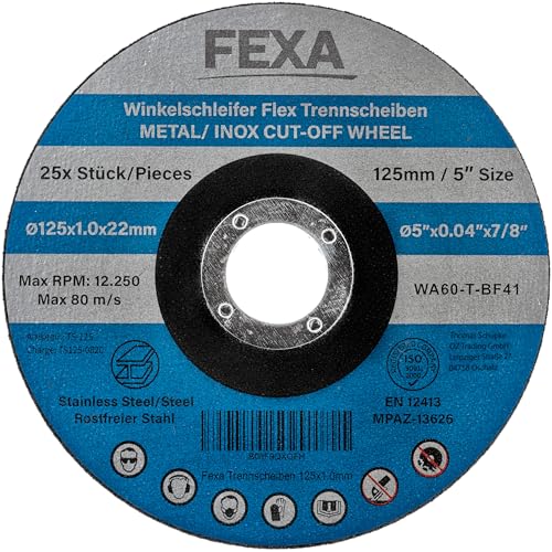 Fexa Trennscheibe 125 Metall - Schleifscheiben für Metall, Stahl, Edelstahl, Inox 125mm x 1mm, 10 Stück - Flexscheiben 125 Metall dünn von Fexa