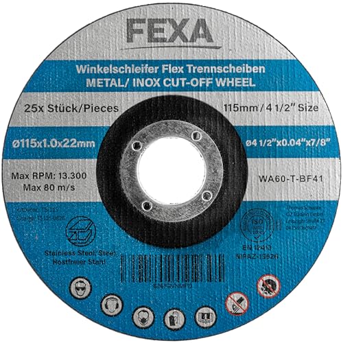 Fexa Trennscheiben 115 Metall - Flex Scheiben für Winkelschleifer - für Metall, Stahl, Edelstahl, Inox 115mm x 1mm, 10 Stück - Flexscheiben 115 Metall dünn von Fexa