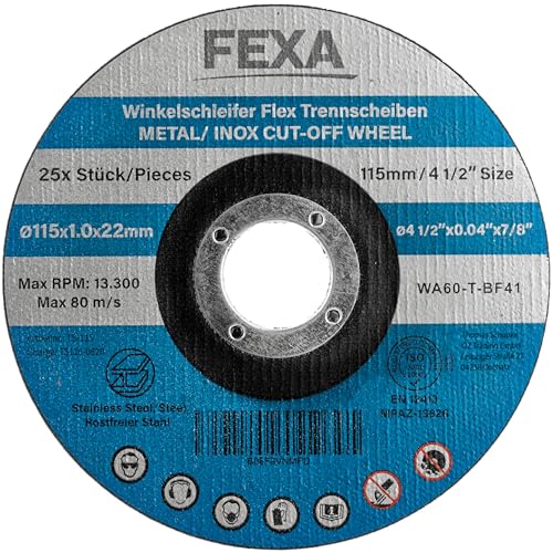 Fexa Trennscheiben 115 Metall - Flex Scheiben für Winkelschleifer - für Metall, Stahl, Edelstahl, Inox 115mm x 1mm, 25 Stück - Flexscheiben 115 Metall dünn von Fexa