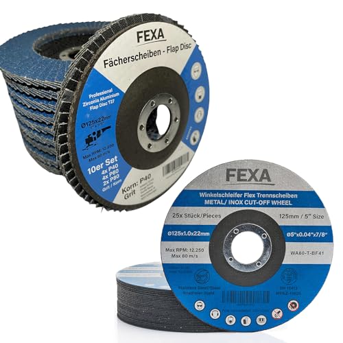 Fexa Trennscheiben Fächerscheiben Set 125 - Fächerscheibe Körnung 40/60/80 Set 5 Stück - 10x Trennscheibe Fächerscheiben für Winkelschleifer - Blau, Inox 125 mm von Fexa