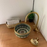 Green Sink Morocco Gold 14K - Add A Touch Of Luxury With Moroccan Washbasin in Golden Green Handcrafted For Unique Bathroom von FezMadeArt