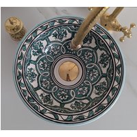 Handcrafted Moroccan Ceramic Sink - Elegant Green White Washbasin With Intricate Patterns, Perfect For Stylish Bathroom Décor & Unique Touch von FezMadeArt