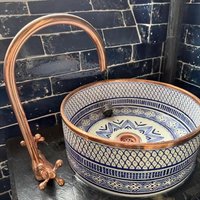 Handmade Moroccan Ceramic Sink - Colorful Vessel With Copper Rim Bathroom Wash Basin Boho Rustic Vanity Artisan Pottery Bowl von FezMadeArt