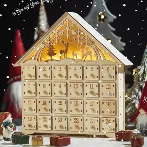 LED-Adventskalender aus Holz, dekoriert, 24 Schubladen und LED-Countdown-Kalender, Countdown bis Weihnachten, aus Holz, beleuchtete Adventskalender von Fgbetcv