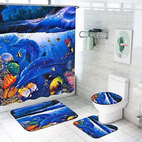Fgolphd 4-teiliges Unterwasserwelt Duschvorhang-Sets, Mit Fußmatten-Badunterlage, Toilettenunterlage Duschvorhang-Set Für Badezimmer (7,180×200) von Fgolphd